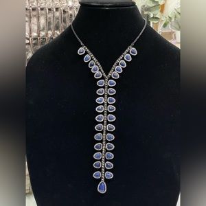 Hematite-Tone Crystal & Blue Stone Lariat Necklace